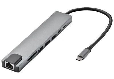 Док-станция 8-in-1 Type-C (HDMI 4K/USB3.0 x2/RJ45 Gigabit/Type-C DATA/Type-C PD/MicroSD/SD) STLab 412 фото