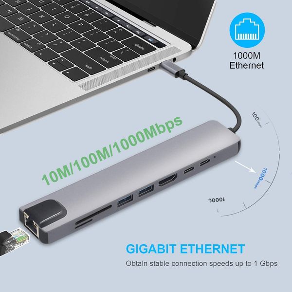 Док-станция 8-in-1 Type-C (HDMI 4K/USB3.0 x2/RJ45 Gigabit/Type-C DATA/Type-C PD/MicroSD/SD) STLab 412 фото