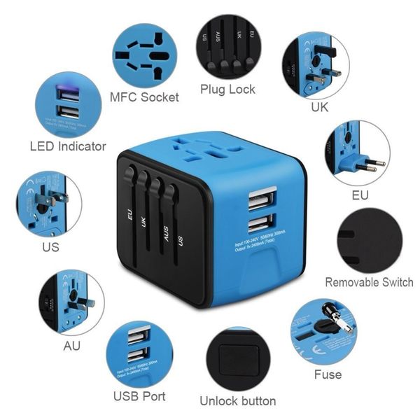 Универсальный адаптер для путешествий X-Stone Travel Adapter ORIGINAL +2 USB 3.4A Переходник для всех типов розеток Blue 466 фото