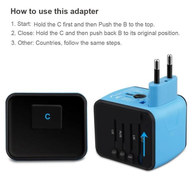 Универсальный адаптер для путешествий X-Stone Travel Adapter ORIGINAL +2 USB 3.4A Переходник для всех типов розеток Blue 466 фото